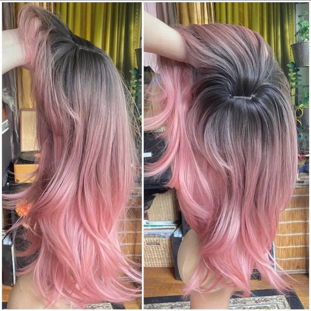 realistic ombré rooted sweet pink wig